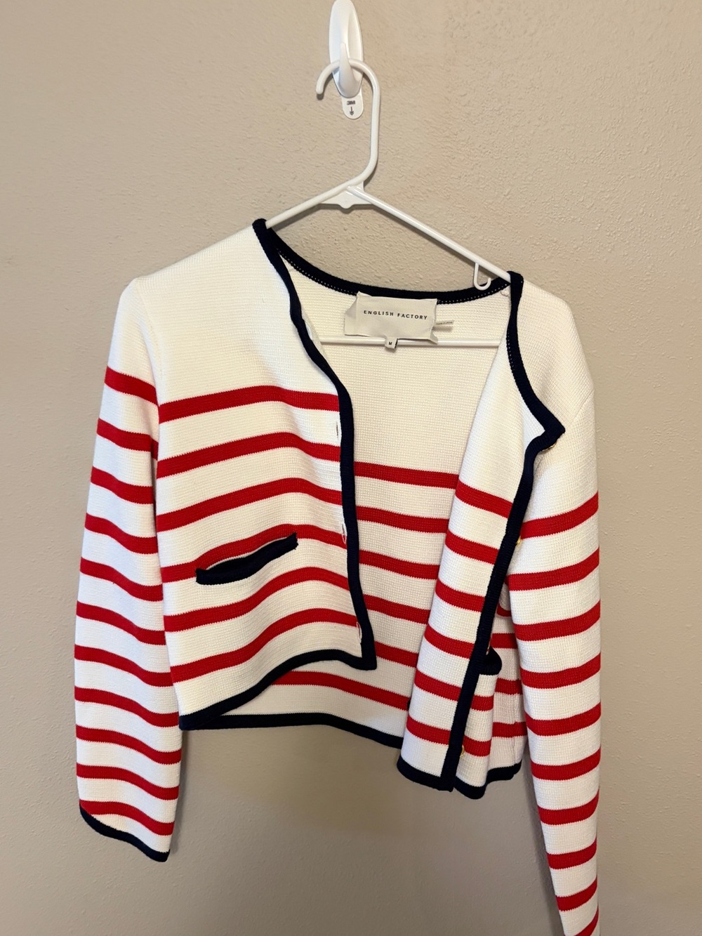 English Factory White and Red Striped Cropped Open-Front Jacket with Black Trim